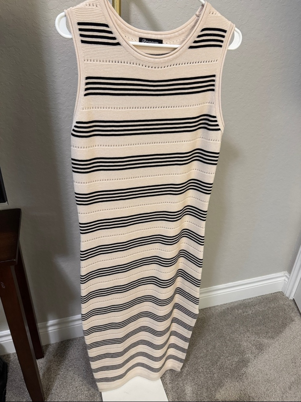 Sleeveless Cream and Black Striped Knit Midi Dress